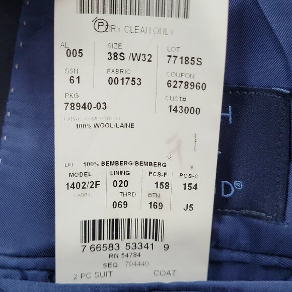 Joseph Abboud Navy 100% Wool Full Suit 2 Piece Blazer Pants USA 38S/W32 (32x29) - Picture 4 of 16